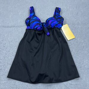 NEW Robby Len Swimsuit Women's 14 Black One Piece Flowy Skirt Babydoll Tie Front